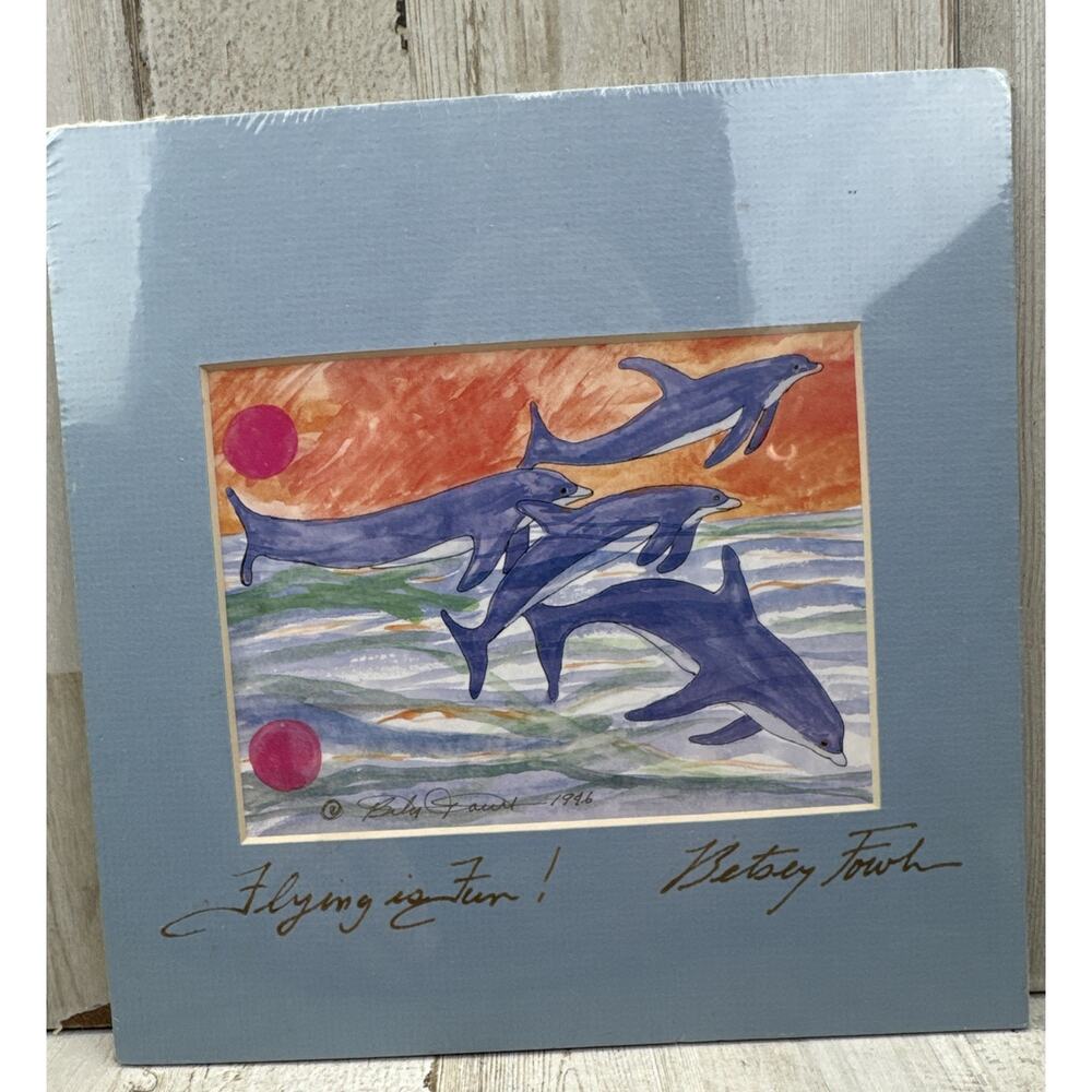 Vintage Betsey Fowler “Flying Is Fun!” Dolphins Print Signed Matted 8x8 FUN